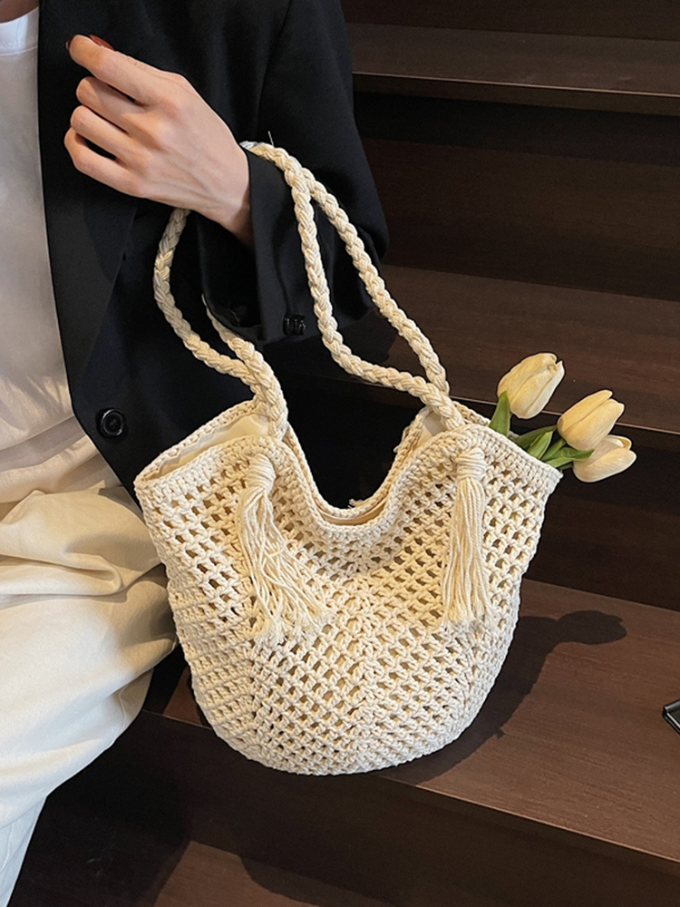 2025 Summer Handmade Knitted Shoulder Bag for Women - Woven Yarn Beach & Travel Bag in Trendy Fashion