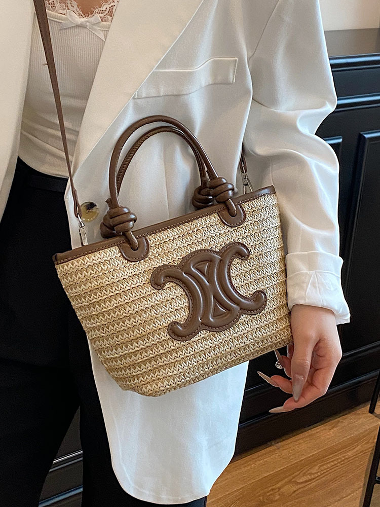 2025 Summer Minimalist Straw Bucket Tote Bag for Women - Casual Crossbody Beach Vacation Essential