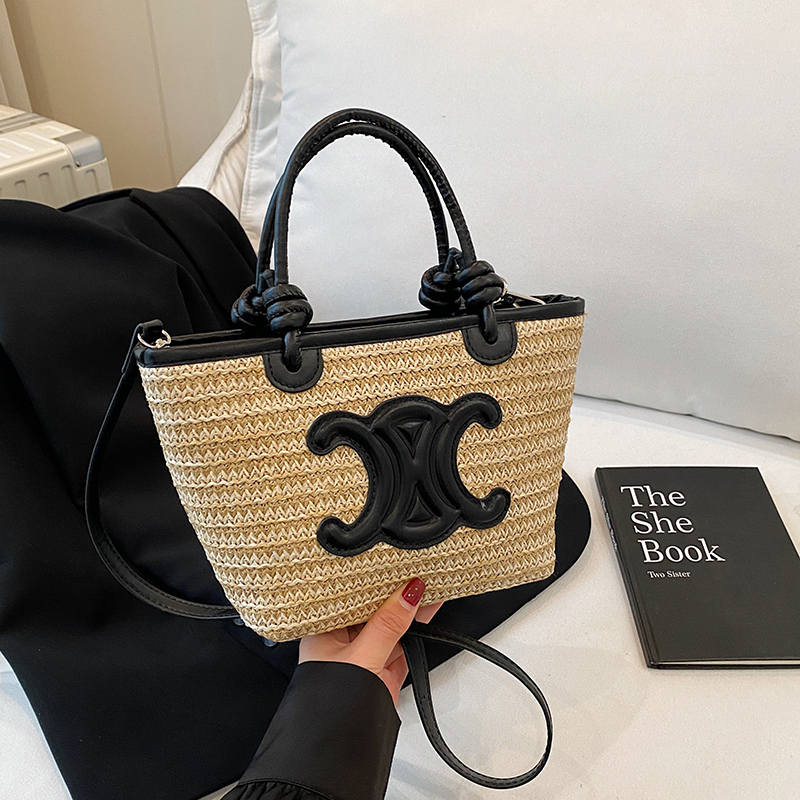 2025 Summer Minimalist Straw Bucket Tote Bag for Women - Casual Crossbody Beach Vacation Essential