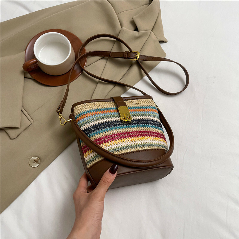2025 Summer Rainbow Striped Woven Straw Bucket Bag for Women - High-End Crossbody Tote Bag