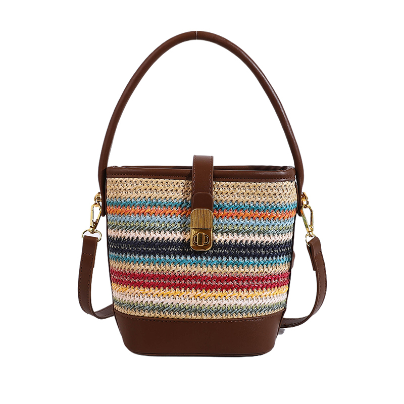 2025 Summer Rainbow Striped Woven Straw Bucket Bag for Women - High-End Crossbody Tote Bag