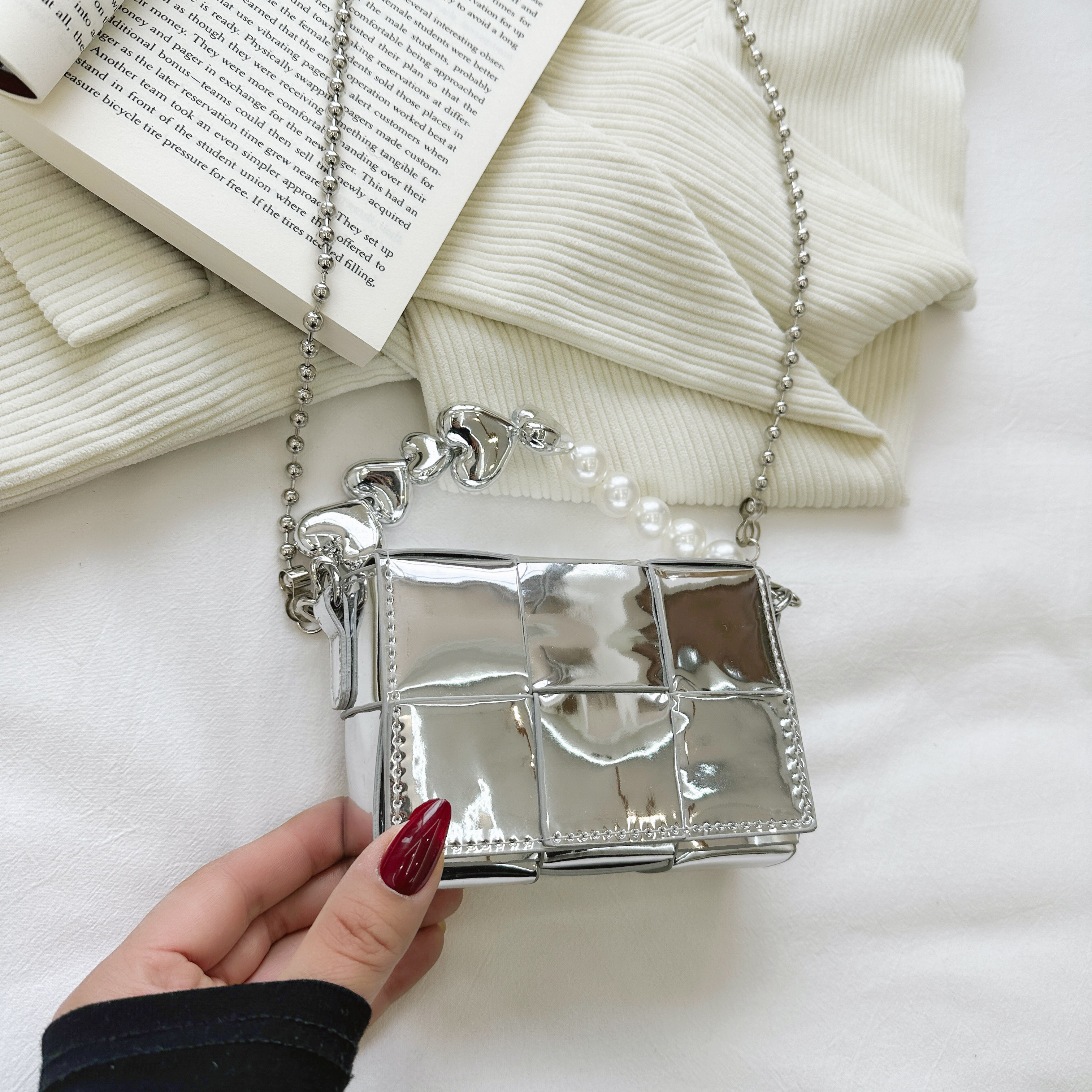 2025 Summer Silver Diagonal Mini Crossbody Bag for Women - Trendy Chain Handbag for Lipstick and Essentials