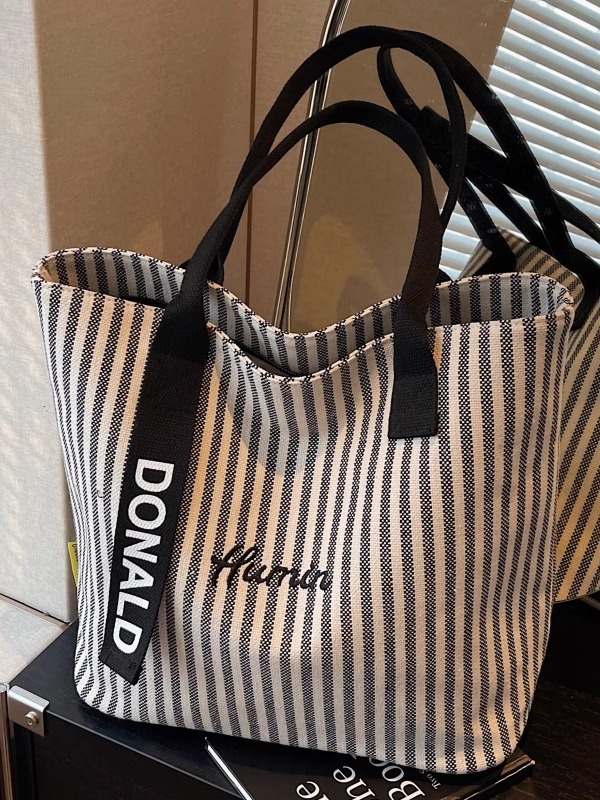 2025 Summer Striped Canvas Tote Bag for Women - Large Capacity Korean Style Shoulder Bag for Commuting and Classroom