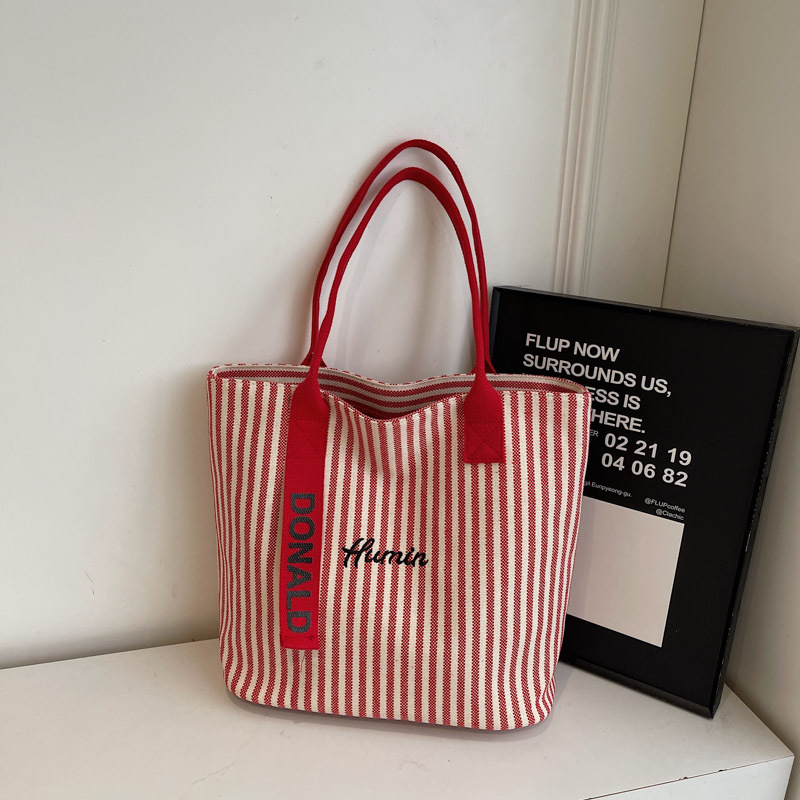 2025 Summer Striped Canvas Tote Bag for Women - Large Capacity Korean Style Shoulder Bag for Commuting and Classroom