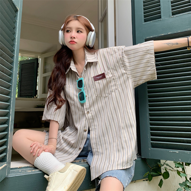 2025 Summer Striped Short Sleeve Shirt for Women - Trendy Casual Blouse, Loose Versatile Top for Students, American Style