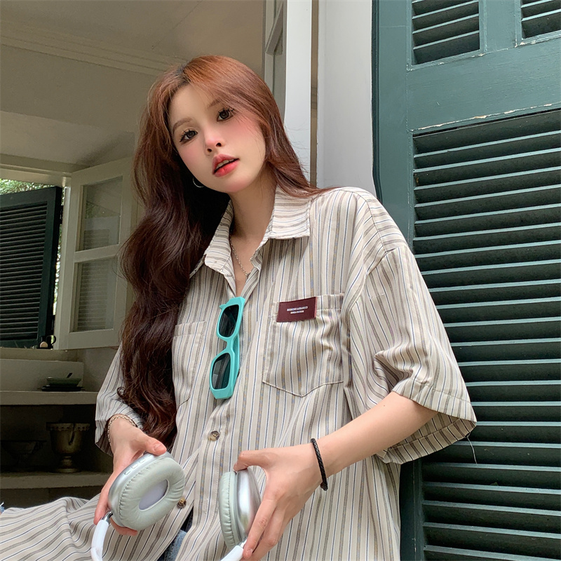 2025 Summer Striped Short Sleeve Shirt for Women - Trendy Casual Blouse, Loose Versatile Top for Students, American Style