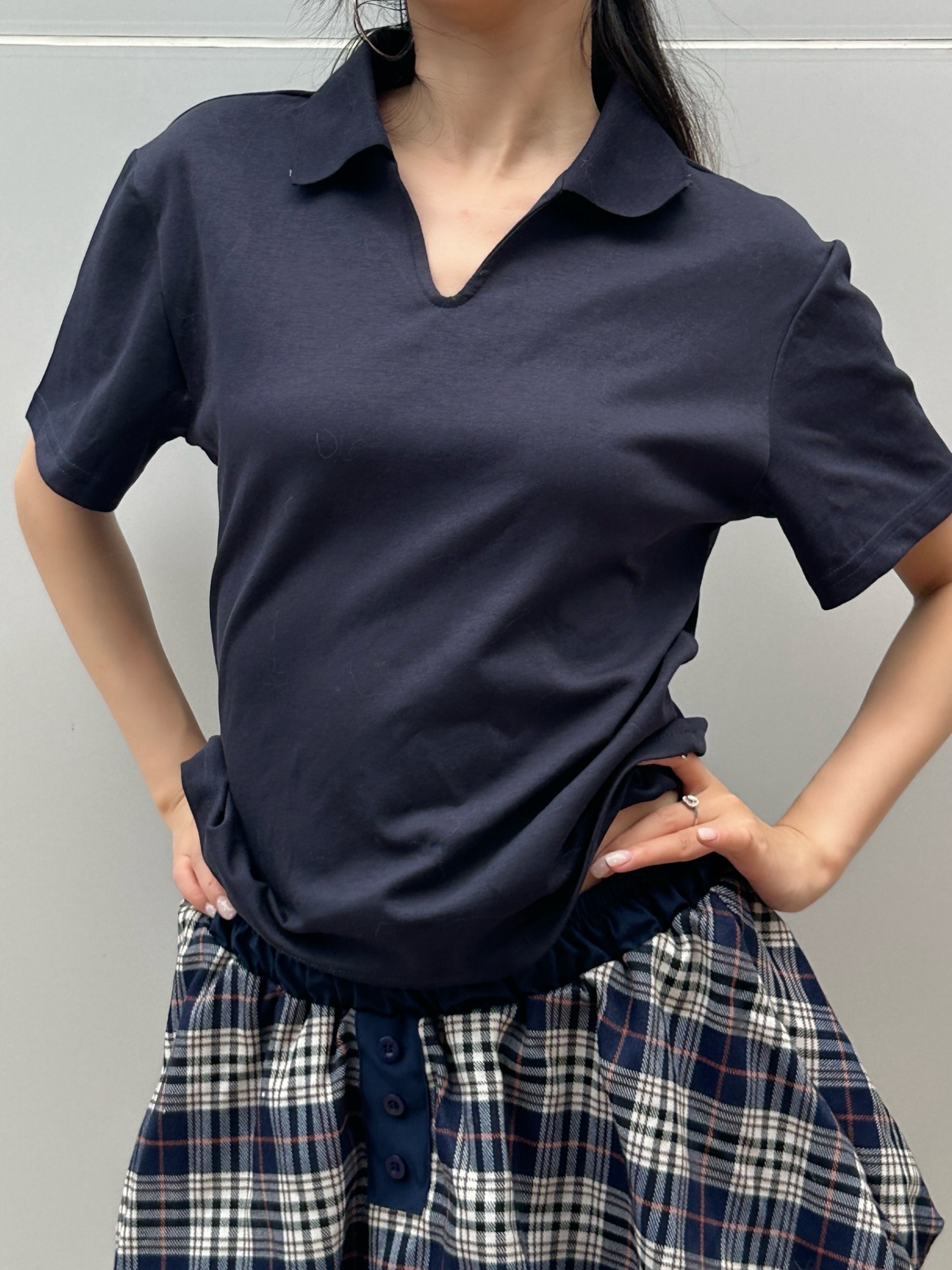 2025 Summer V-Neck Polo Shirt for Women - Solid Color, Simple Loose Slim Fit, Short Sleeve, Casual Chic Style