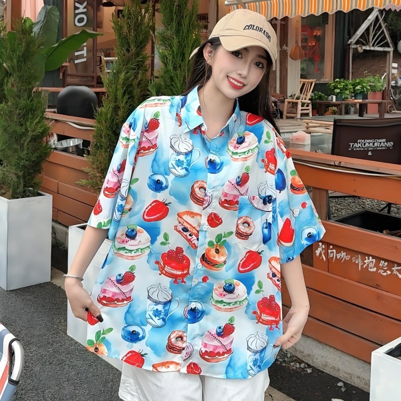 2025 Summer Women's Cartoon Print Short Sleeve Shirt - Casual Loose Hawaiian Beach Top