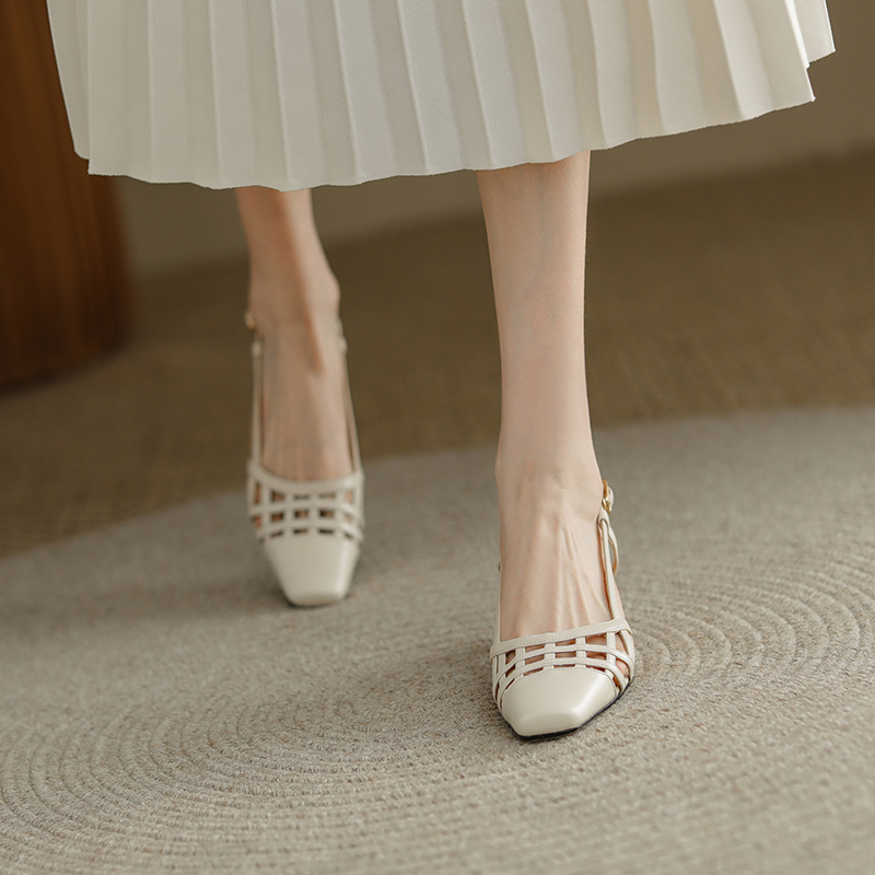 2025 Summer Women's High-Heeled Closed-Toe Square-Toe Woven Sandals - Versatile Genuine Leather Strappy Design
