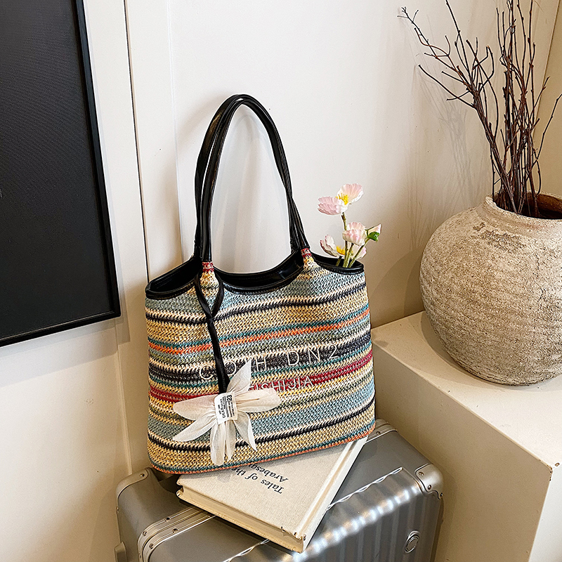 2025 Summer Women's Large Capacity Woven Straw Tote Bag - Minimalist Casual Beach Vacation Style