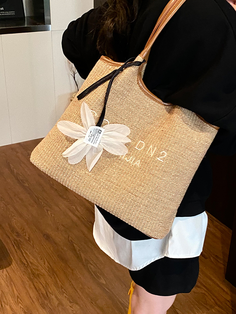2025 Summer Women's Large Capacity Woven Straw Tote Bag - Minimalist Casual Beach Vacation Style