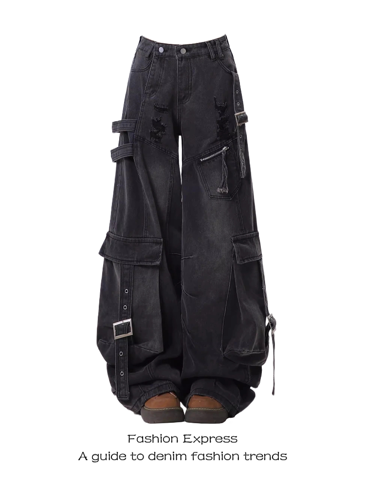 2025 Women's American Style Heavy-Duty Ripped Wide-Leg Workwear Jeans with Multi-Pockets for Spring & Autumn Fashion