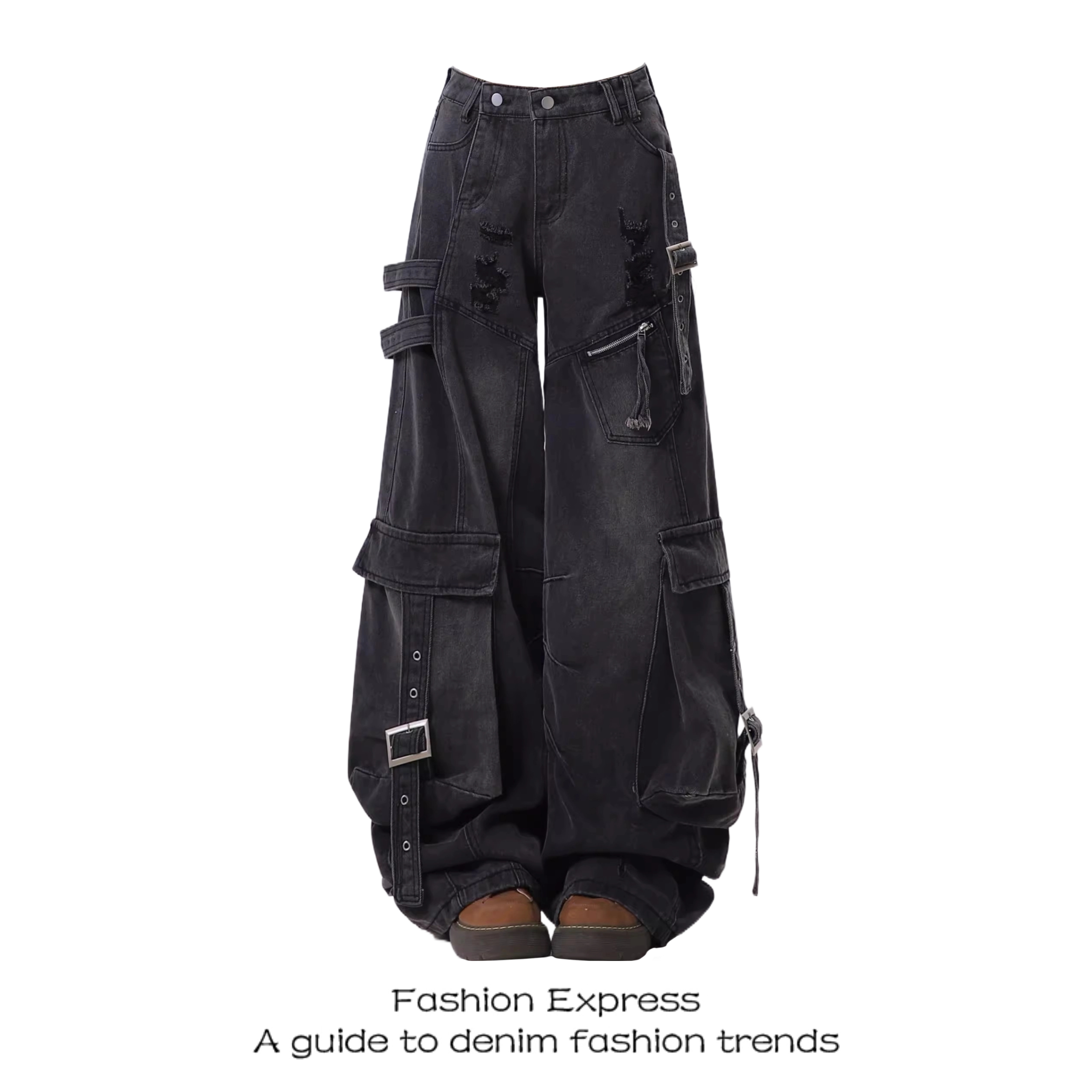 2025 Women's American Style Heavy-Duty Ripped Wide-Leg Workwear Jeans with Multi-Pockets for Spring & Autumn Fashion