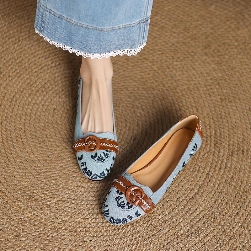 2025 Women's Color Block Canvas Slip-On Flats with Embroidery - Comfortable Round Toe Casual Footwear