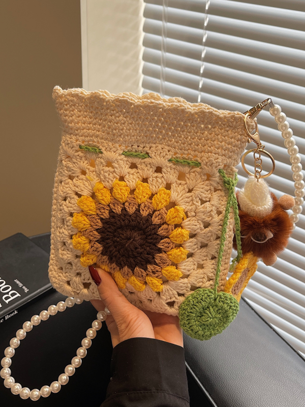 2025 Women's Cotton Woven Crossbody Bag with Pearl Chain - Small Beach Vacation Phone Bag for Summer Style