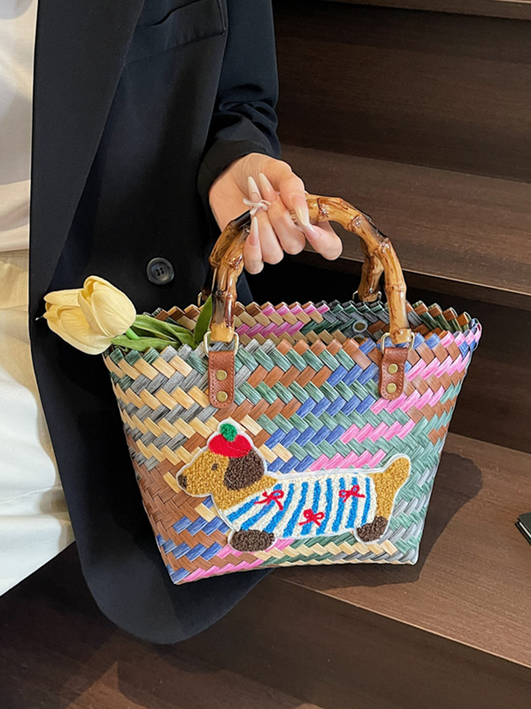 2025 Women's Handheld Bamboo Joint Beach Bag - Color-Blocking Woven Travel Basket for Shopping & Summer Style