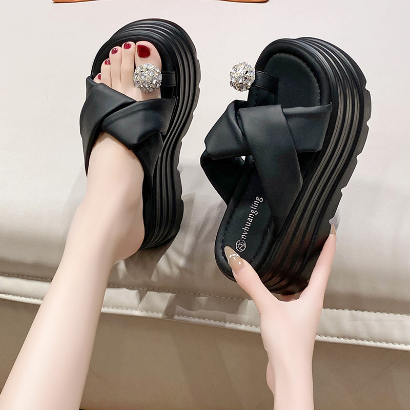 2025 Women's Rhinestone Open-Toe Sandals - 8cm Thick-Soled Platform Slippers for Summer Outdoor Wear, Height-Increasing, Petite Sizes