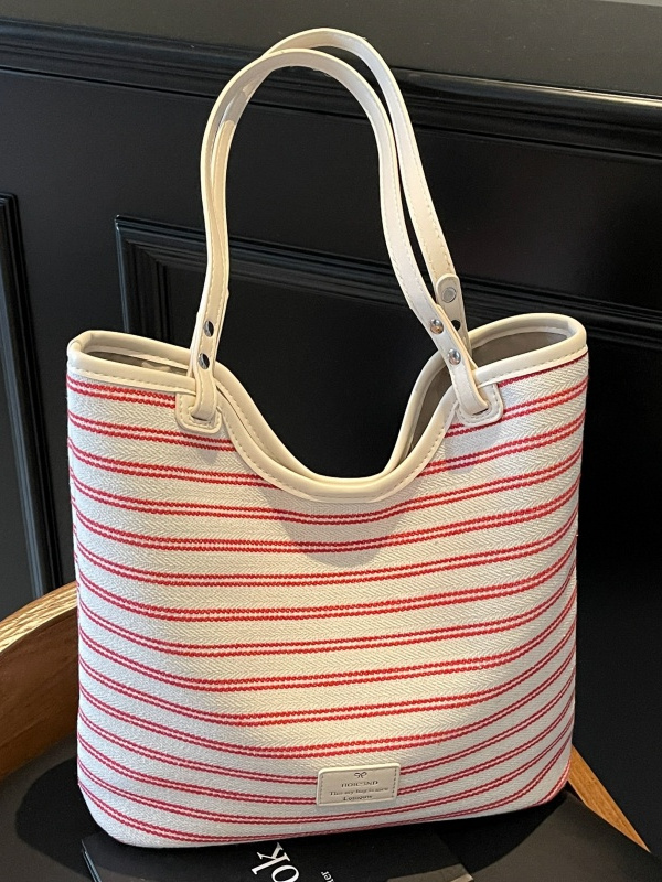 2025 Women's Striped Canvas Tote Bag - Large Capacity Shoulder Bag for Class & Commuting, Versatile Fashion Essential