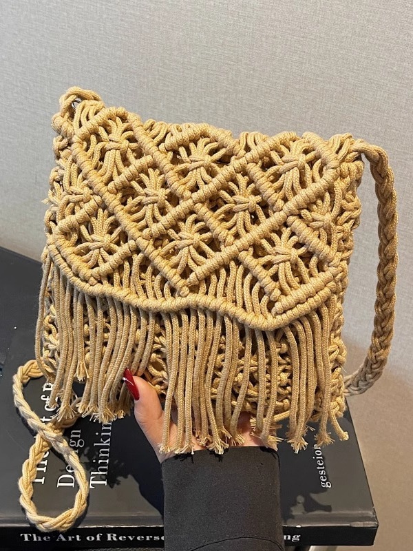 2025 Women's Summer Cotton Woven Crossbody Bag with Hollow Design and Tassels - Perfect for Beach Vacations and Mobile Phones