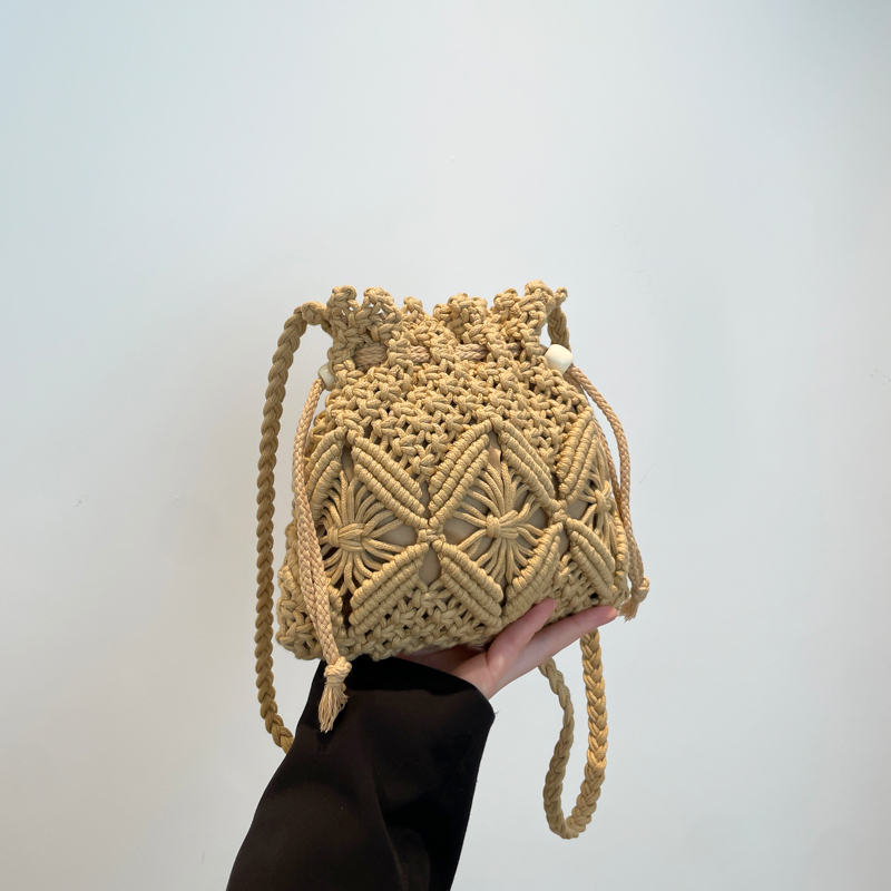 2025 Women's Summer Forest-Style Woven Straw Beach Bag - Drawstring Bucket Crossbody for Phone and Essentials
