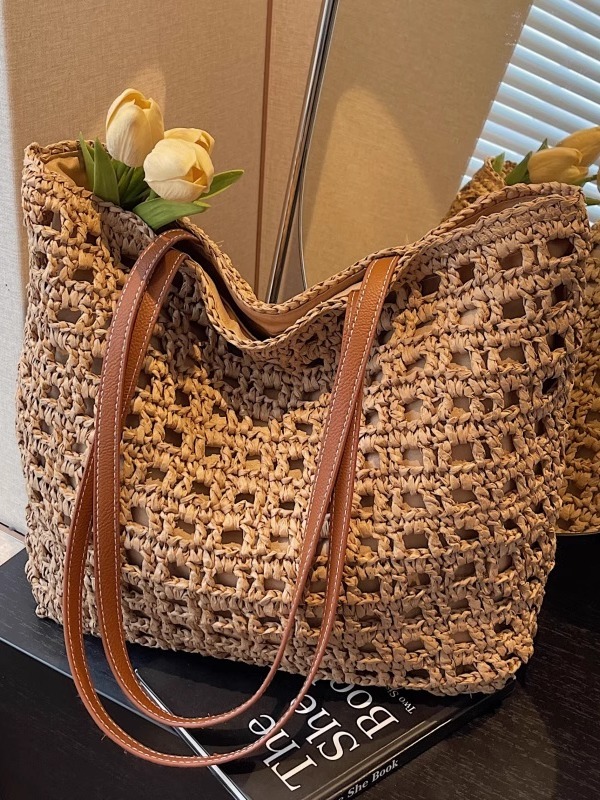 2025 Women's Summer Hollow Weave Straw Tote Bag - Large Capacity Beach Vacation Commuter Shoulder Bag