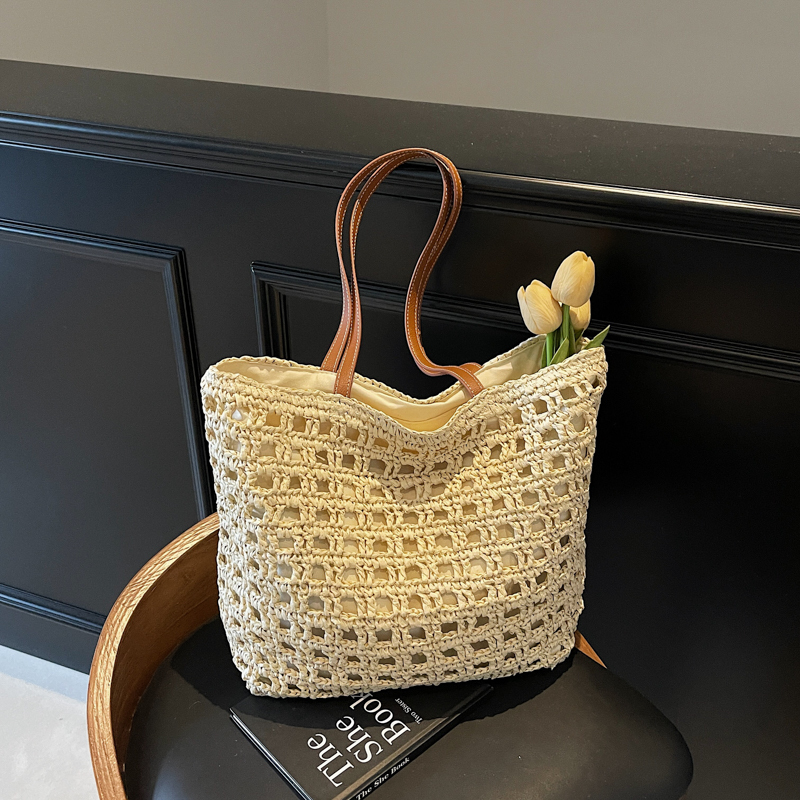2025 Women's Summer Hollow Weave Straw Tote Bag - Large Capacity Beach Vacation Commuter Shoulder Bag