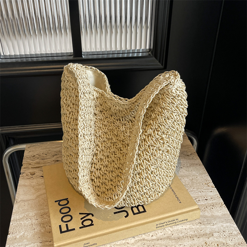 2025 Women's Woven Straw Bucket Bag - Artistic Forest-Themed Shoulder Bag for Beach Vacation