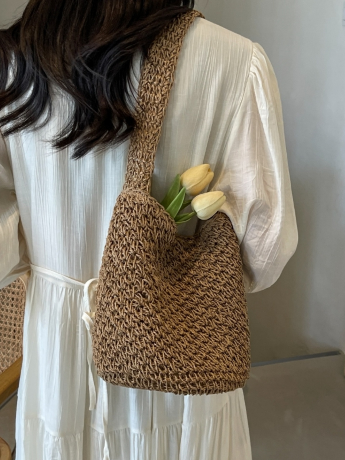 2025 Women's Woven Straw Bucket Bag - Artistic Forest-Themed Shoulder Bag for Beach Vacation