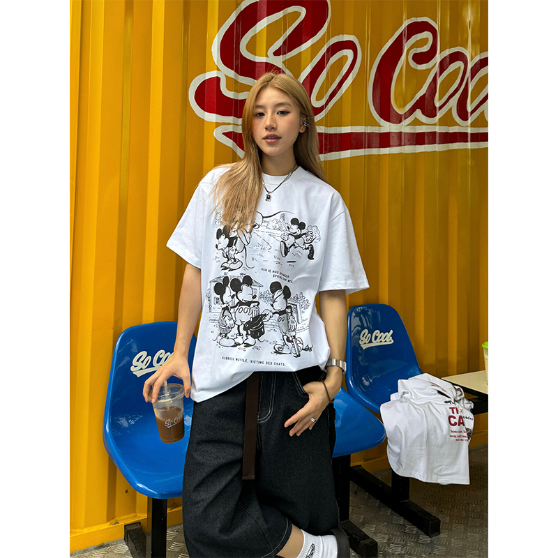 320g Heavyweight American Retro Small Collar Rice Comic Short Sleeve T-Shirt for Men and Women - Loose Street Fashion Top