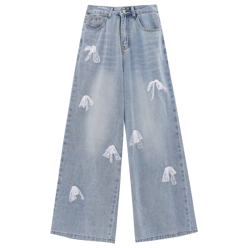 3D Bow Denim Pants for Women, Loose Versatile Floor-Length Draped Wide-Leg Straight Pants, American Style, Casual Chic Fashion