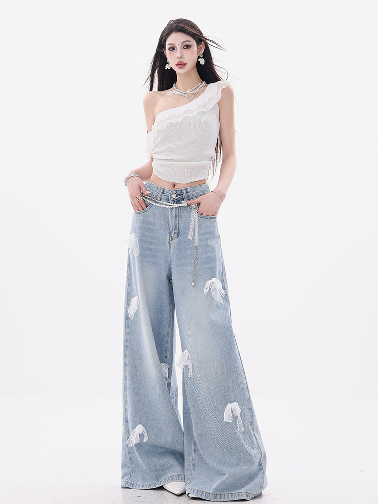 3D Bow Denim Pants for Women, Loose Versatile Floor-Length Draped Wide-Leg Straight Pants, American Style, Casual Chic Fashion