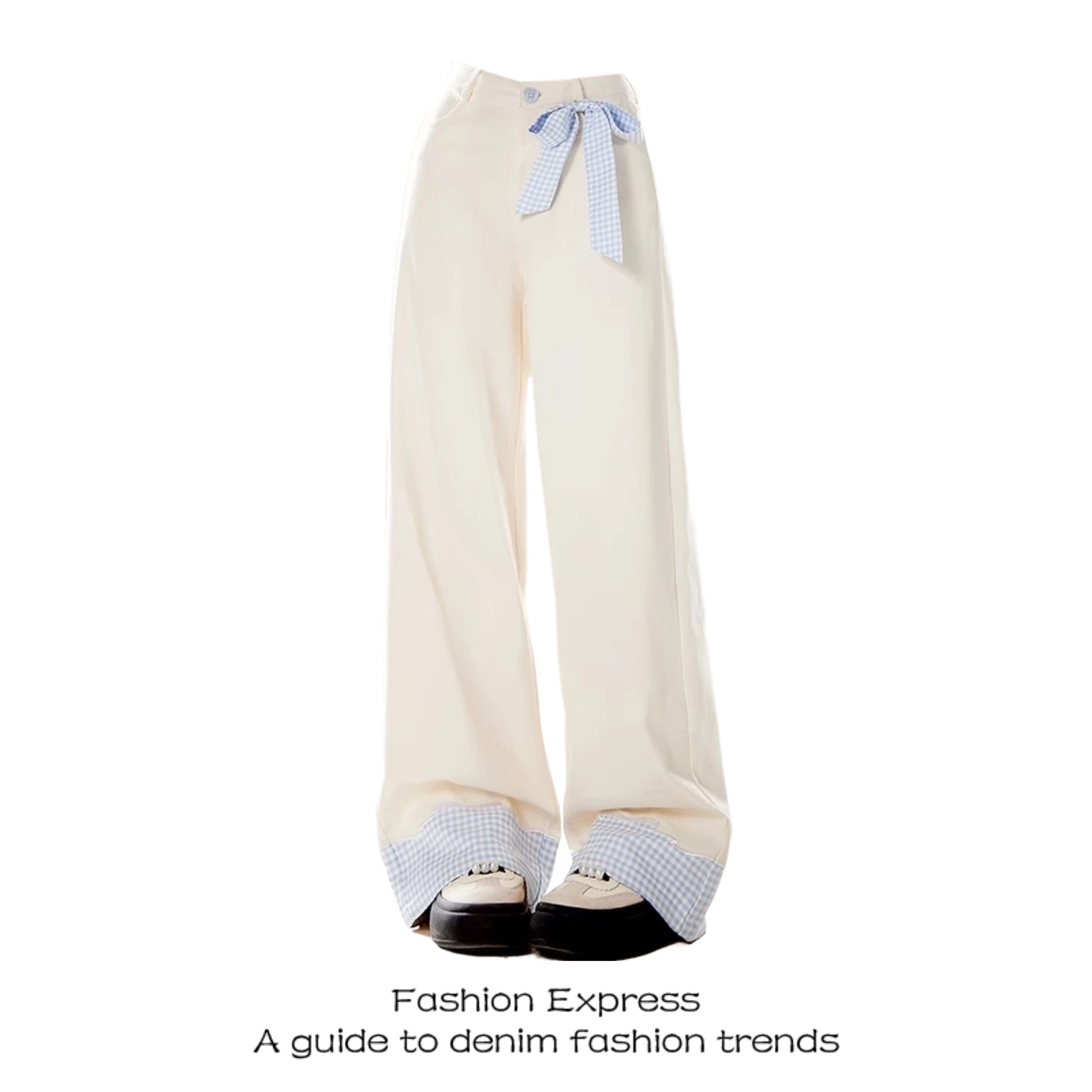 3D Bow Tie Denim Pants for Women - Blue Plaid Splicing Design, Sweet Long Pants for Spring and Autumn 2025, Trendy Casual Style