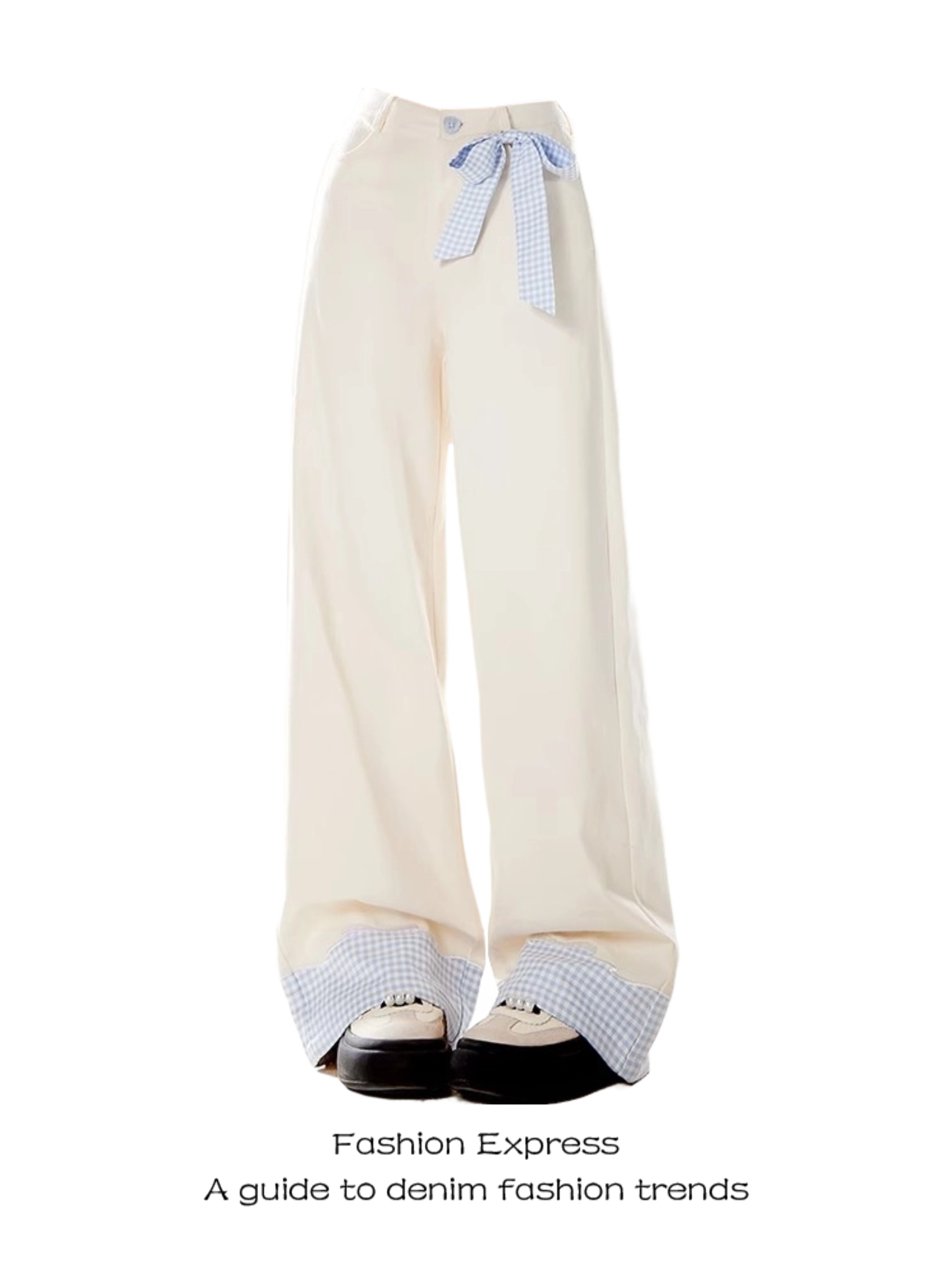 3D Bow Tie Denim Pants for Women - Blue Plaid Splicing Design, Sweet Long Pants for Spring and Autumn 2025, Trendy Casual Style