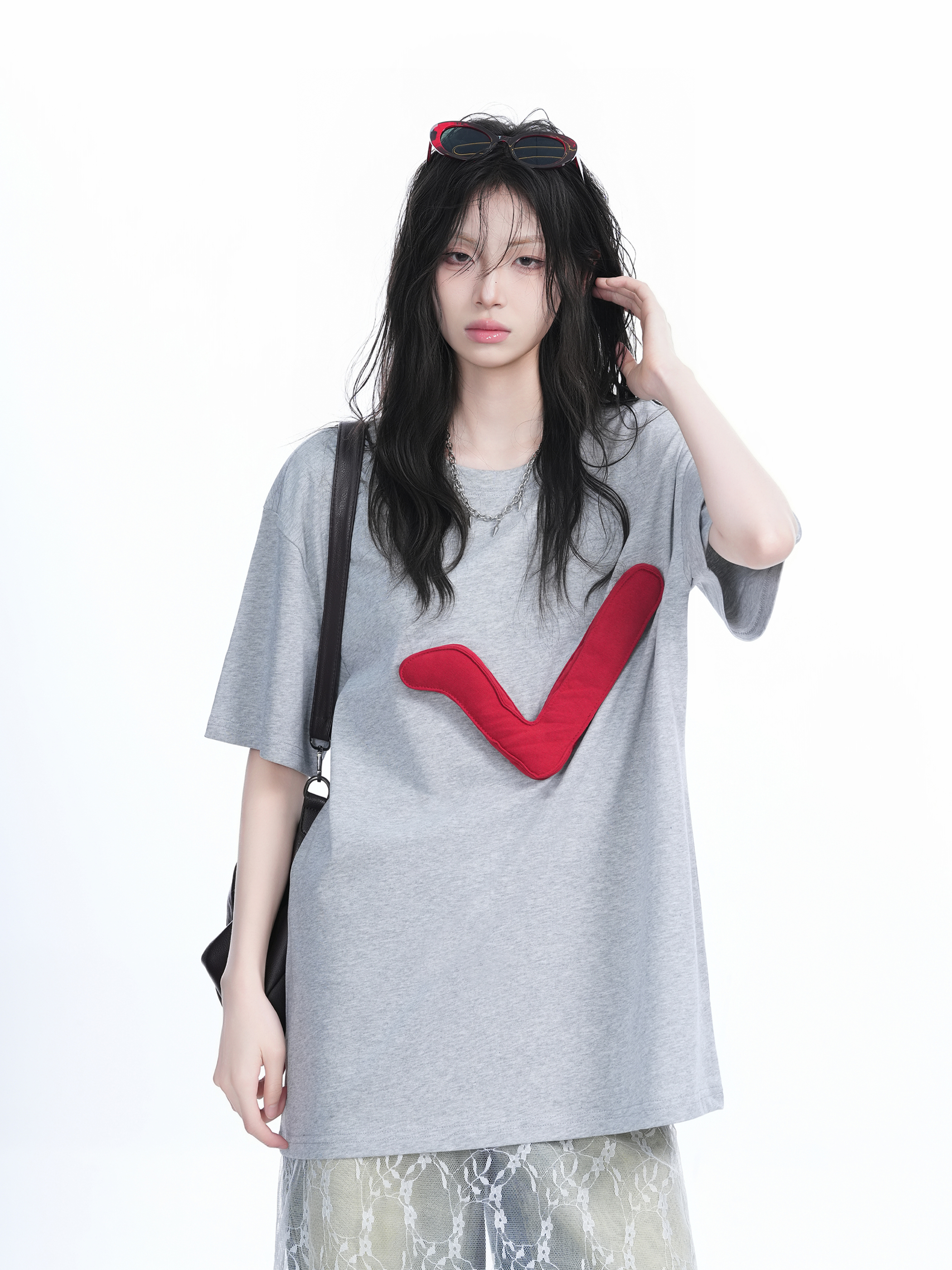 3D Checkmark Gray Short-Sleeve T-Shirt for Women - American Retro Hip-Hop Style, Loose Fit, Y2K Trendy Design