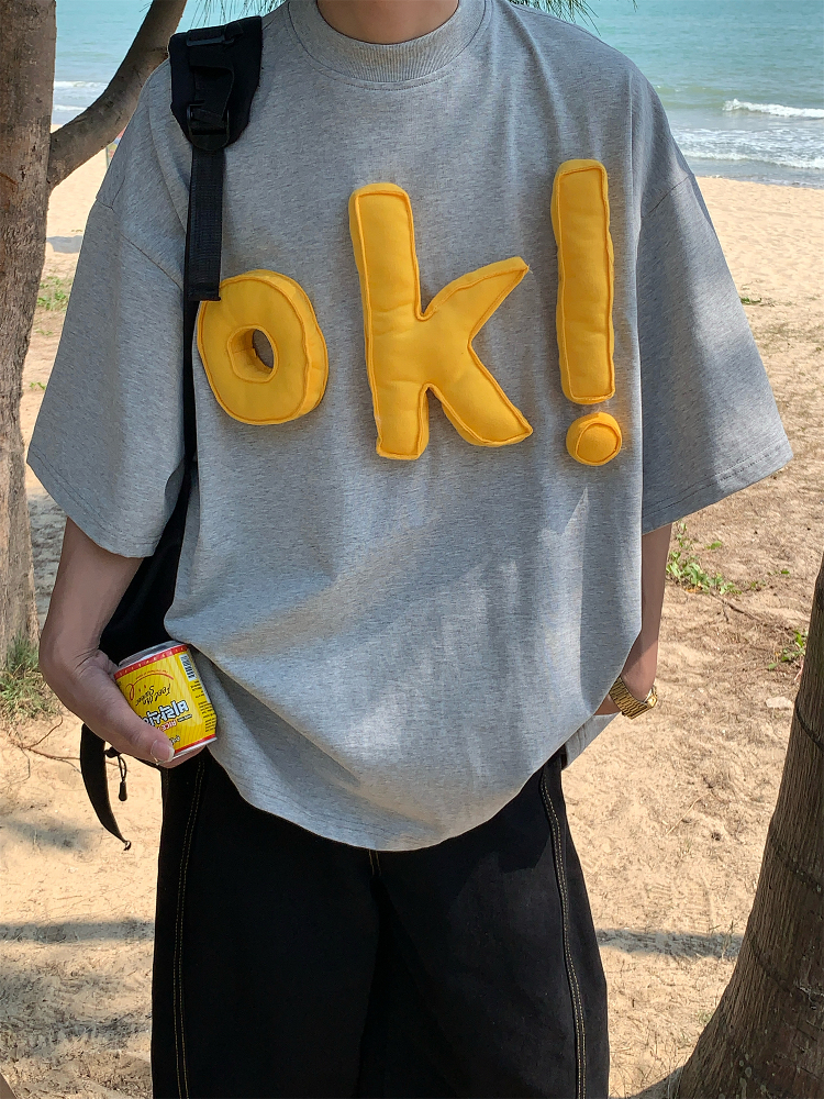 3D OK Letter Printed Short Sleeve T-Shirt for Men and Women, Casual Summer Loose Fit Vintage Style Tee