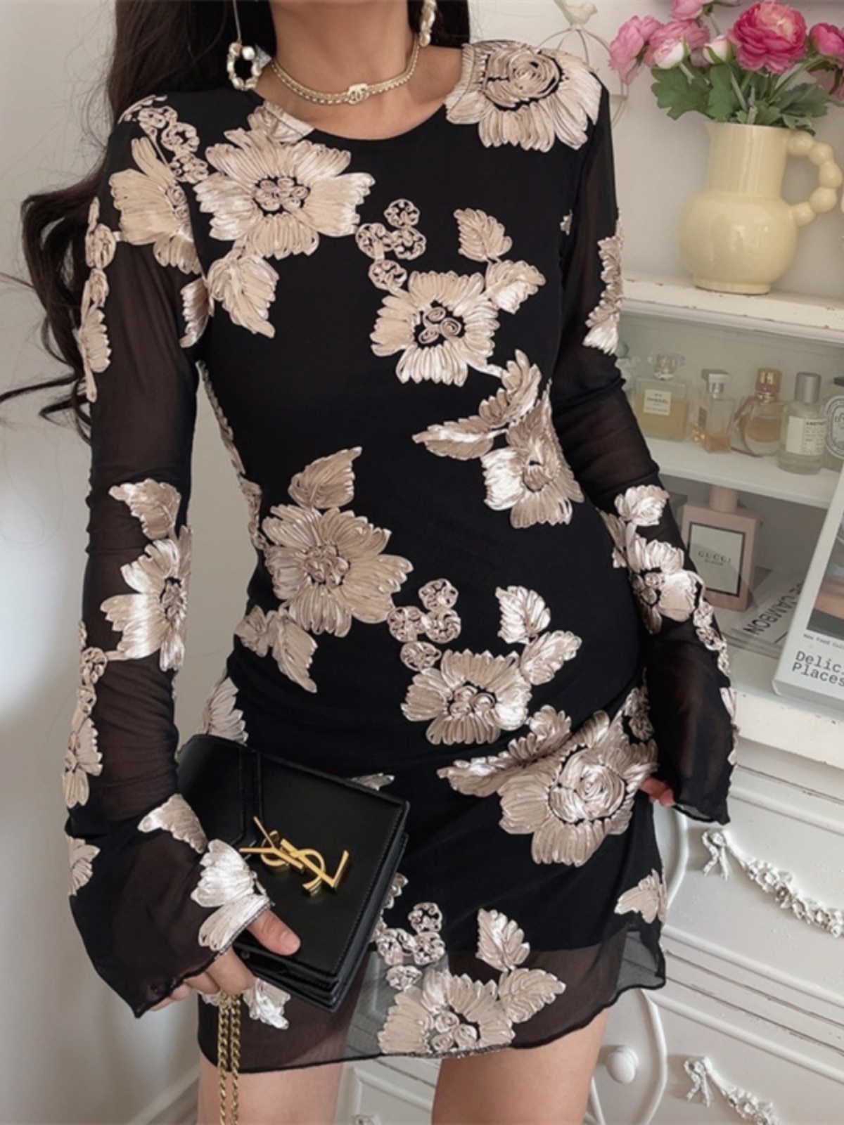3D Relief Flower Mesh Black Long Sleeve Dress - Spring 2025 Fashion, Floral Design, Trendy Korean Style