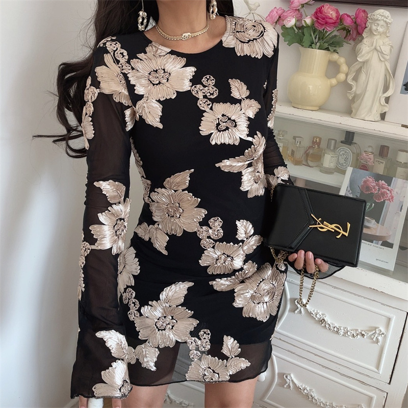 3D Relief Flower Mesh Black Long Sleeve Dress - Spring 2025 Fashion, Floral Design, Trendy Korean Style