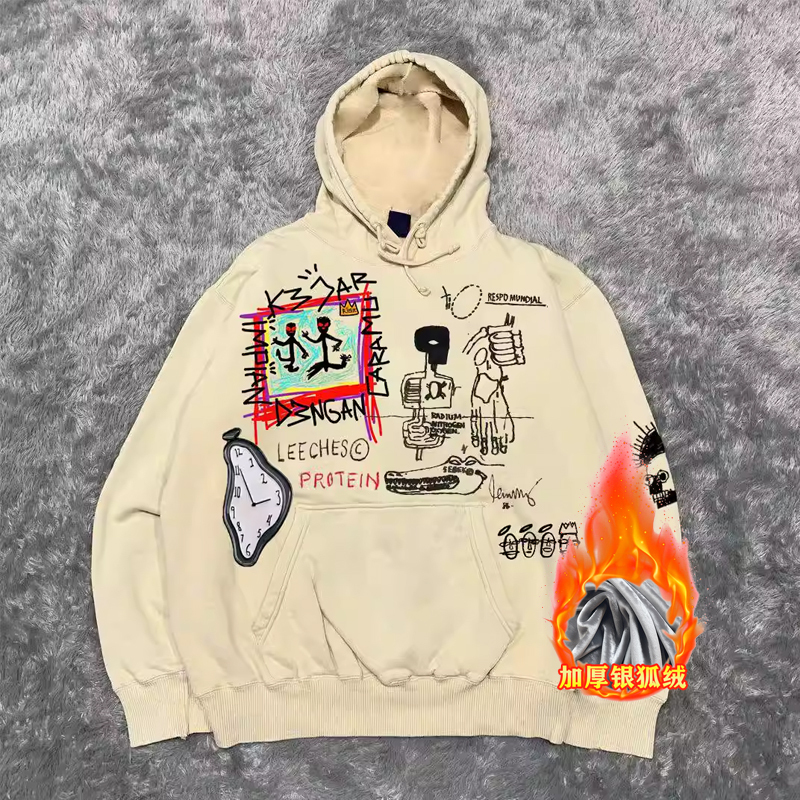 400g Heavyweight Graffiti Hoodie for Men and Women - American Retro Cartoon Line Art Unisex Fashion Sweater