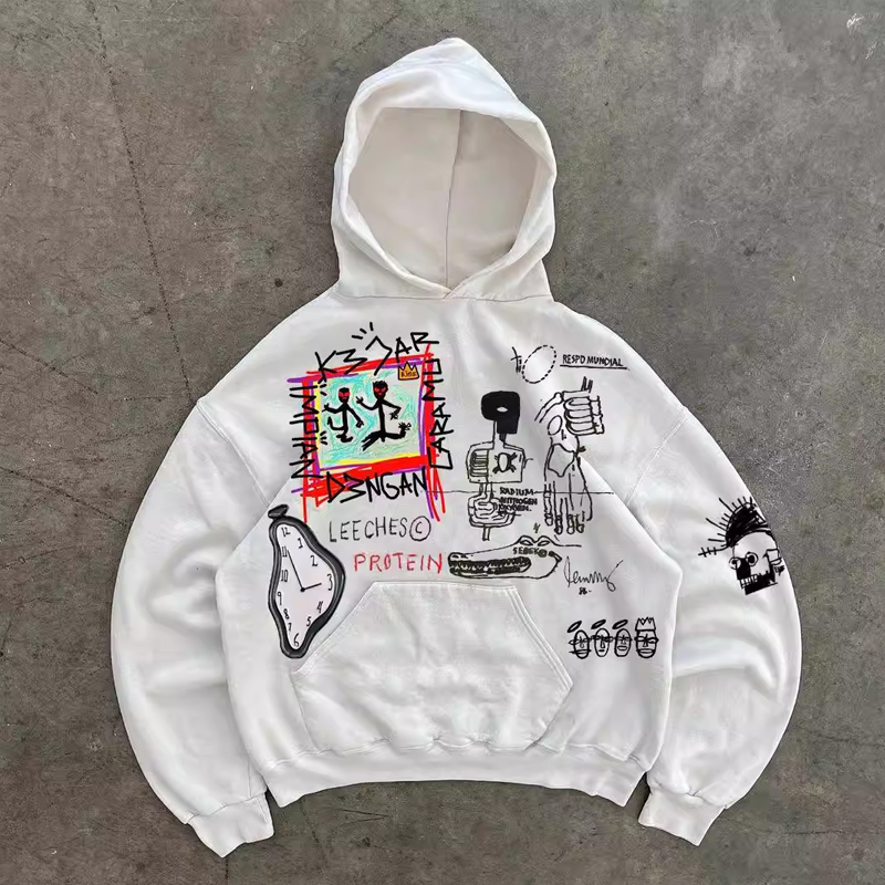 400g Heavyweight Graffiti Hoodie for Men and Women - American Retro Cartoon Line Art Unisex Fashion Sweater