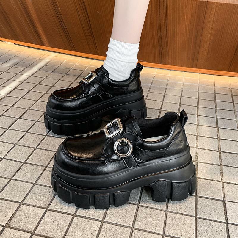 8cm Chunky Heeled Leather Loafers for Women - 2025 Spring British Style Thick-Soled Shoes to Match Skirts
