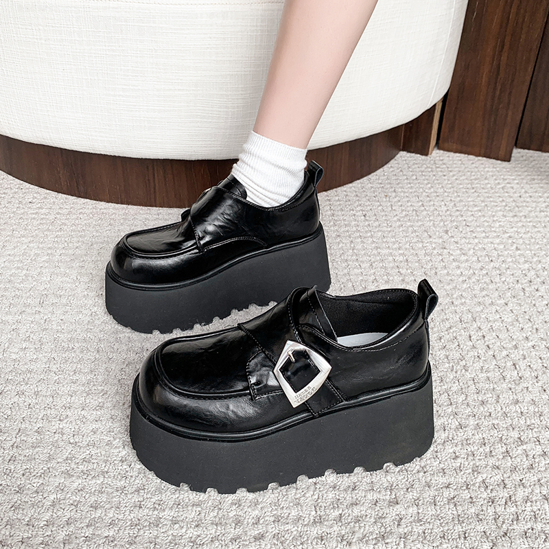 8cm Height-Increasing Black Leather Loafers for Petite Women, 2025 British Style Thick-Soled Flats in Small Sizes