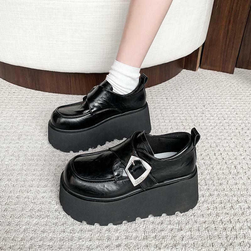8cm Height-Increasing Black Leather Loafers for Petite Women, 2025 British Style Thick-Soled Flats in Small Sizes