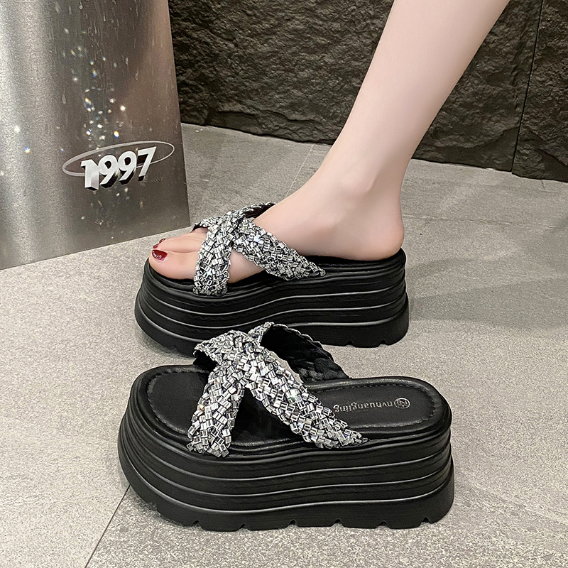 8cm Thick-Soled Cross Rhinestone Sandals for Women - Stylish Height-Increasing Slide Sandals for Summer 2025 Outdoor Fashion