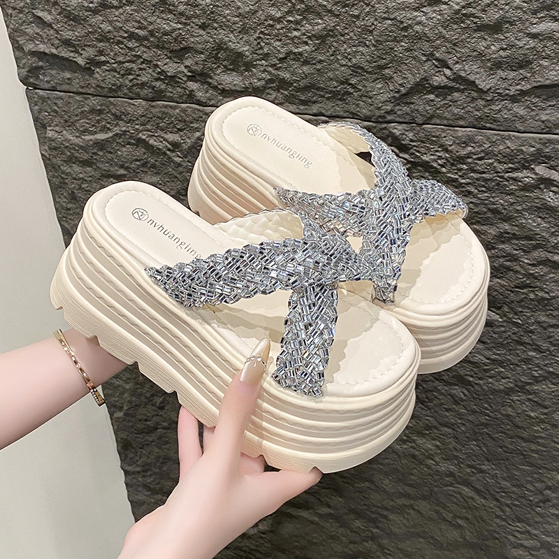 8cm Thick-Soled Cross Rhinestone Sandals for Women - Stylish Height-Increasing Slide Sandals for Summer 2025 Outdoor Fashion