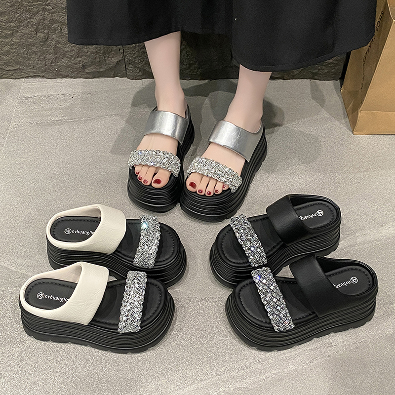 8cm Thick-Soled Height-Increasing Sandals for Women - Summer Rhinestone Fairy Style Beach Shoes for Skirts - 2025 Trend