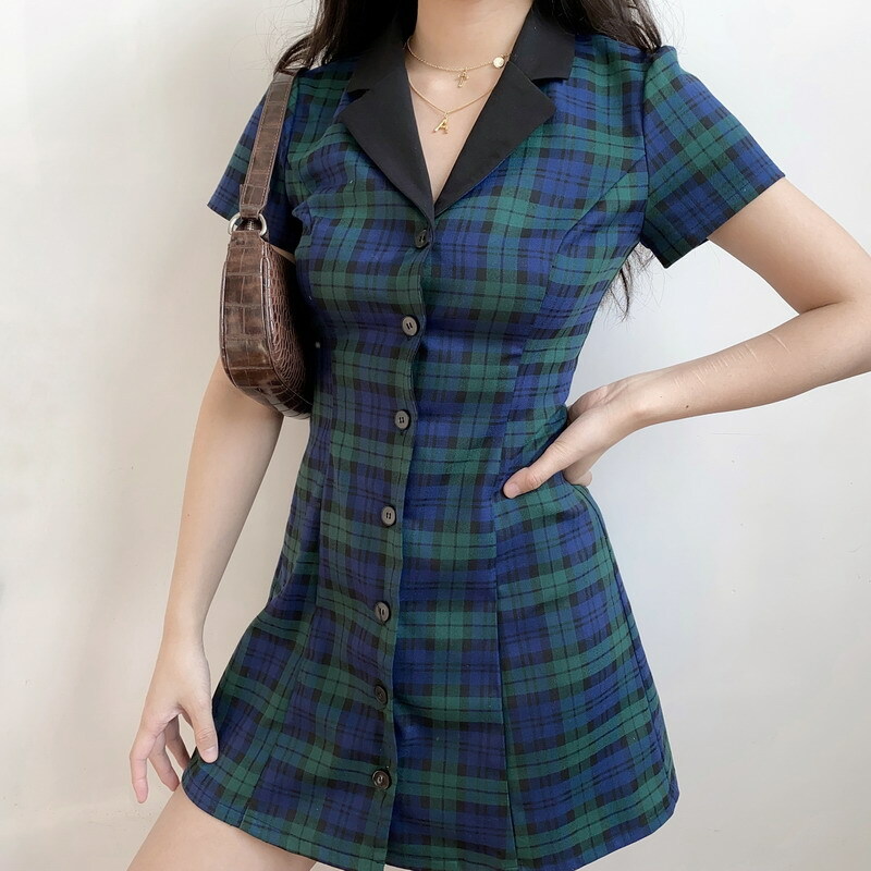 90s Retro College Style Lapel Plaid Slim Fit Short Sleeve A-Line Dress for Women - Vintage-Inspired Casual Shirt Dress