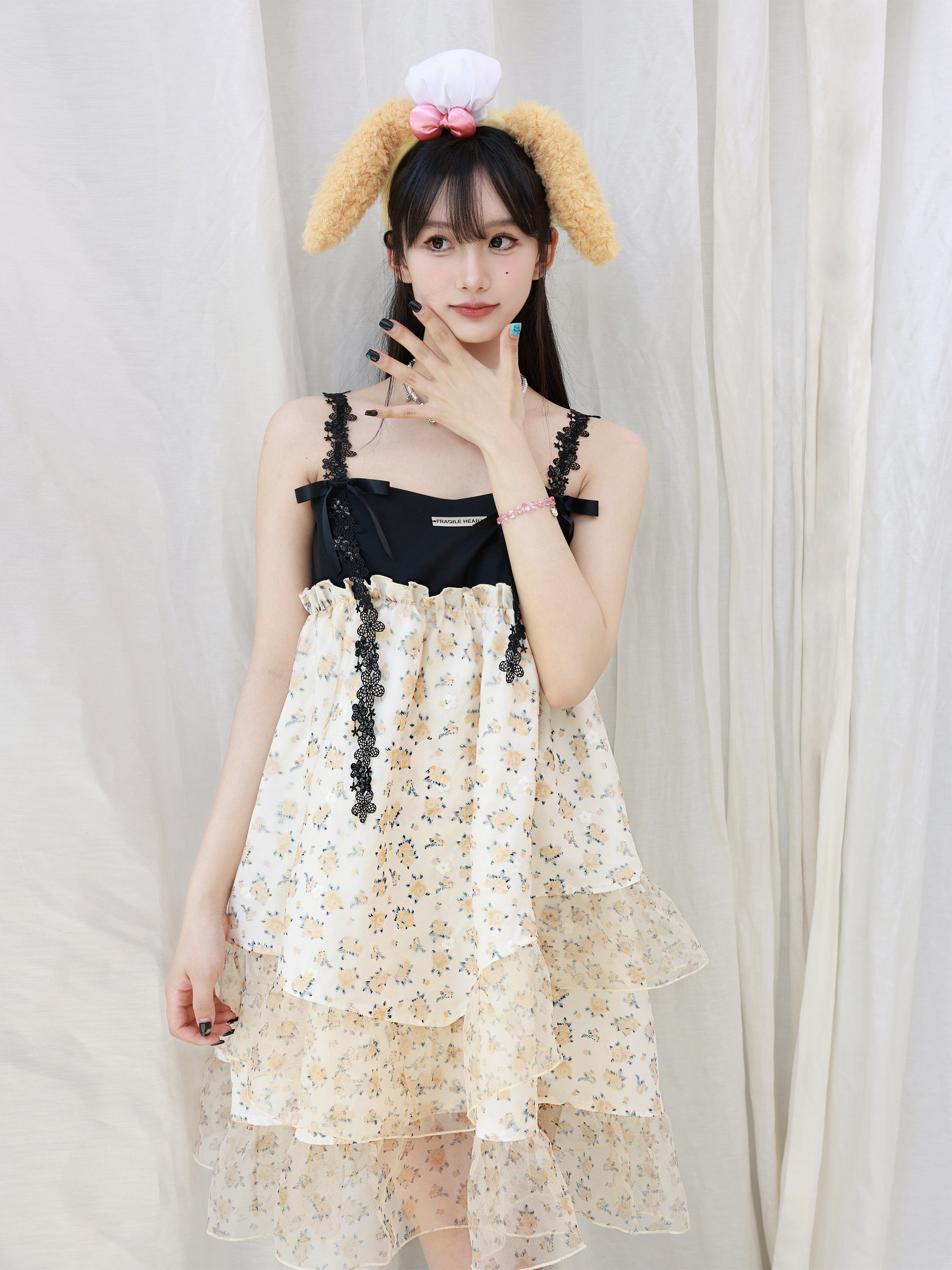 Amber Black Tea Sweet Camisole Dress - Black Princess Puff Dress with Fragile Shop Style, Y2K Inspired Fashion