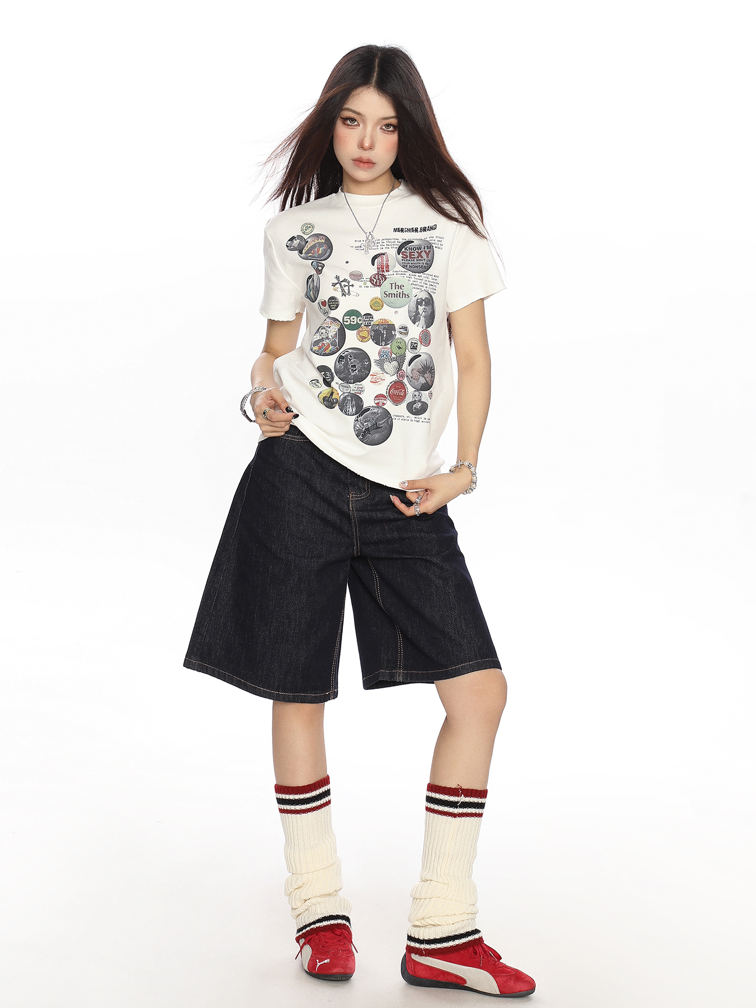 American Badge All-Over Print Round Neck Short Sleeve T-Shirt for Women - Summer Loose Casual Versatile Top, Trendy 90s Style
