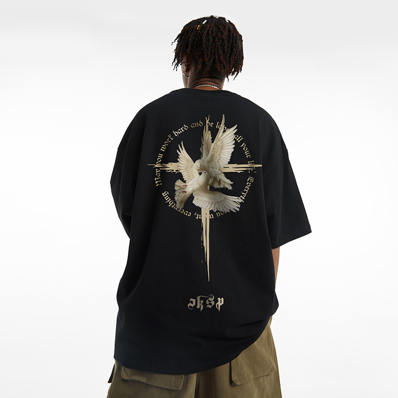 American Gothic Retro Peace Dove T-Shirt for Men - Oversized Short Sleeve High Street Fashion, Trendy Couple Tee
