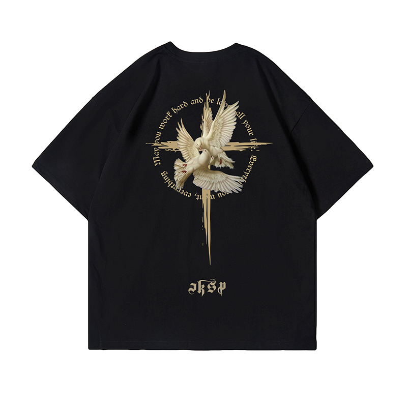 American Gothic Retro Peace Dove T-Shirt for Men - Oversized Short Sleeve High Street Fashion, Trendy Couple Tee